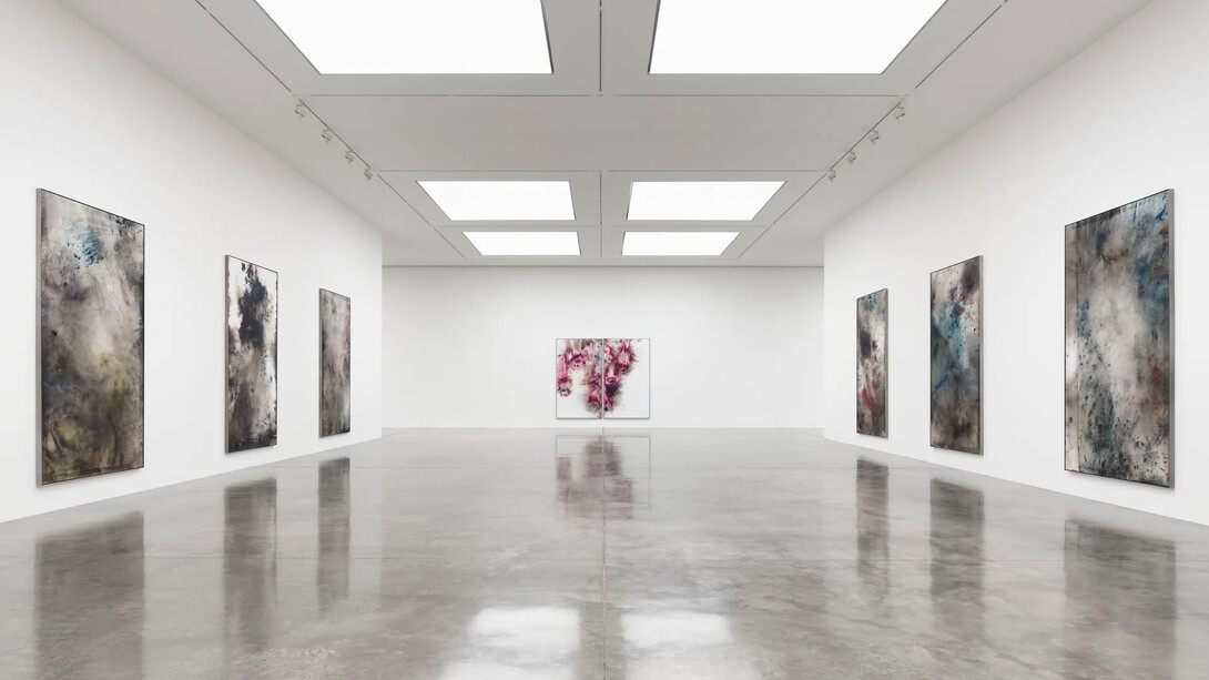 Cai Guo-Qiang, Gunpowder and abstraction 2015–2025, exhibition view. Courtesy of White Cube