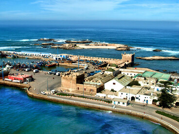 Aerial view of the historic Essaouira Harbour in Morocco, illustrating how Morocco has launched a huge effort to improve transportation