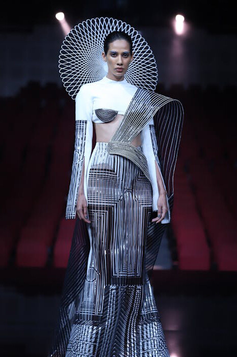 In India, a haute couture model graces the stage in striking designer attire