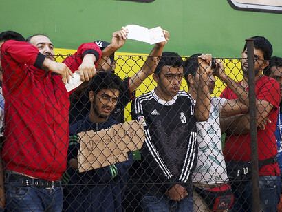 Syrian refugees protest on the platform of Keleti railway station during the refugee crisis in Budapest, Hungary, on 4 September 2015