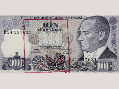 Flavio Favelli, 1000, 2014, framed banknote, enamel / çerçeveli para, emaye boya, cm 22 x 15
