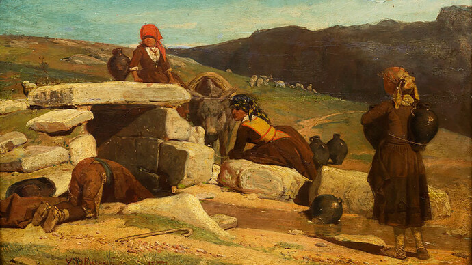 Valeriano Bécquer (1833–1870). "Campesinos junto al pozo". Siglo XIX. Óleo sobre tabla. Museo Nacional de Bellas Artes, La Habana, Cuba