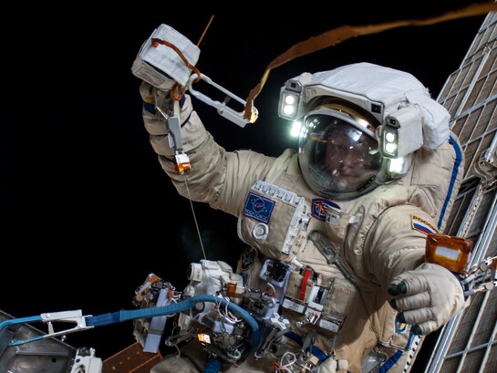 Il cosmonauta russo Oleg Artemyev, ingegnere di volo della Expedition 40, vestito con una tuta spaziale russa Orlan, partecipa a una sessione di attività extraveicolare (EVA) a sostegno della scienza e della manutenzione sulla Stazione Spaziale Internazionale. 2014, fonte NASA