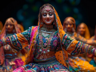 A group of Indian folk dancers dressed in traditional garb, depicting the vibrant culture of their land by captivating the audience with their colorful costumes and rhythmic performances
