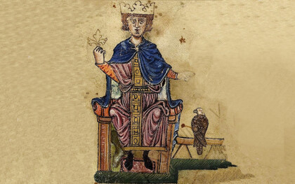 Federico II e il suo falco. Dal suo libro "De arte venandi cum avibus" (L'arte di cacciare con gli uccelli). Da un manoscritto della Biblioteca Vaticana, Pal. lat 1071, fol. 1), fine XIII secolo
