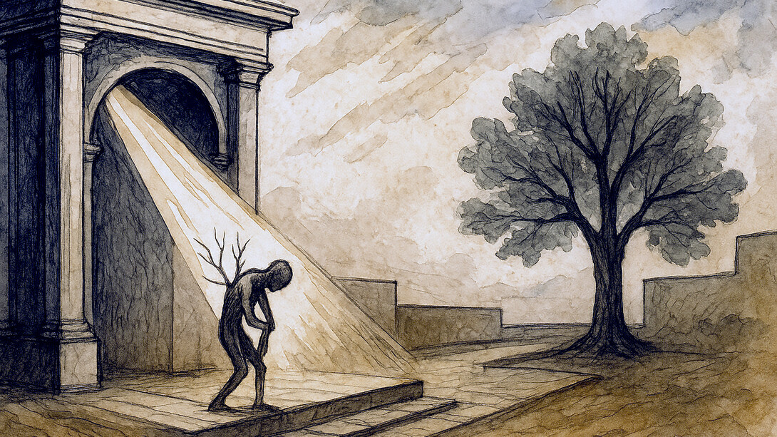 An abstract ink and watercolor illustration depicting the tension between structure and freedom—where rigid architectural forms dissolve into flowing, organic shapes, symbolizing the transformation of obedience into becoming