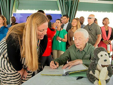 Jane Goodall visits the United States Mission in Uganda on April 4, 2022, where she gives her signature