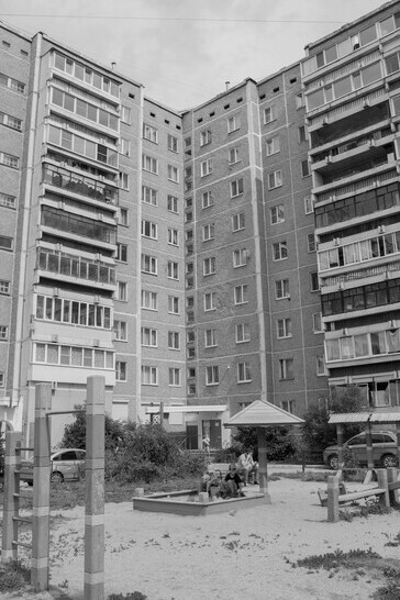 Black-and-white view of Soviet apartment blocks in Russia