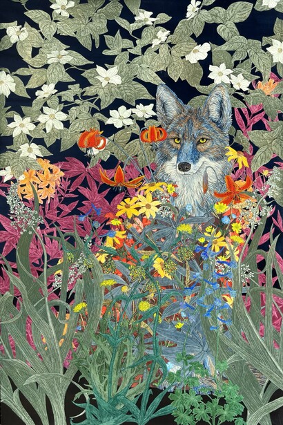 Julia Lucey, Coyote in flower robe, 2025. Courtesy of Wally Workman Gallery