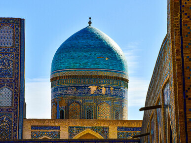 Mir-i-Arab Madrasa in Bukhara, Uzbekistan, a masterpiece of Islamic scholarship and design, reflecting the city’s enduring spiritual and architectural legacy