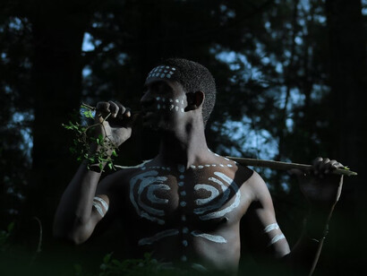 An African-inspired warrior in a skull-themed battle mask
