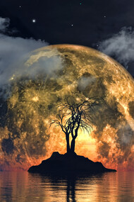 A spooky tree silhouetted against the glow of a large, haunting moon