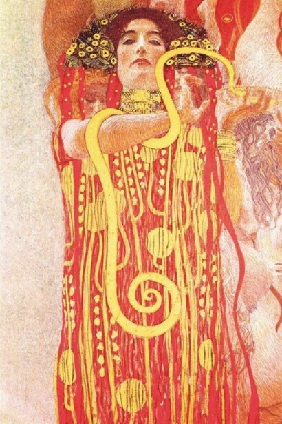 Gustav Klimt, *Hygieia* (1901-1907) Dettaglio della parte inferiore di *Medicina*. Pannello decorativo per l'aula Magna dell'Università di Vienna distrutto nel 1945 nell'incendio del castello di Immendorf.  
