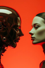 Robot and a woman are looking at each other