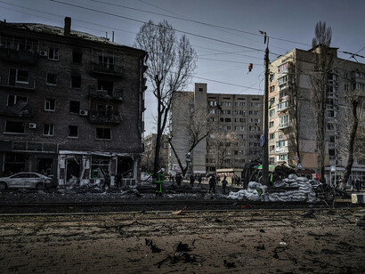 Urban destruction in Ukraine after Russian military attacks, Kiev, Ukraine