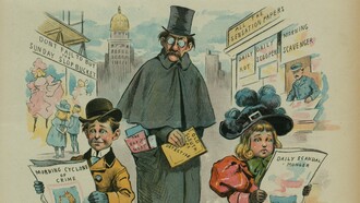 "El nuevo periodismo lo supera", caricatura de Samuel D. Ehrhart publicada en Puck Magazine, 1897