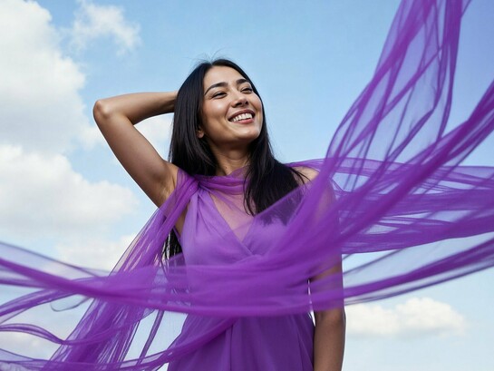 A woman at ease as fabric moves with the wind, symbolizing the freedom of becoming emotionally whole