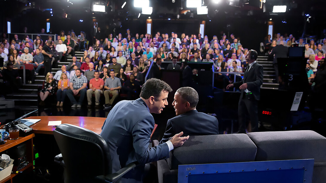 Former President Barack Obama spoke with Jimmy Kimmel between taped segments of Jimmy Kimmel Live! in Los Angeles, California, on March 12, 2015
