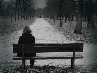 Persona seduta da sola su una panchina in un parco, con l'ambiente circostante spoglio e un'atmosfera generale cupa