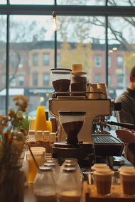 Baristas prepare coffee in a cozy café, illuminated by warm lighting and lined with an array of curated products