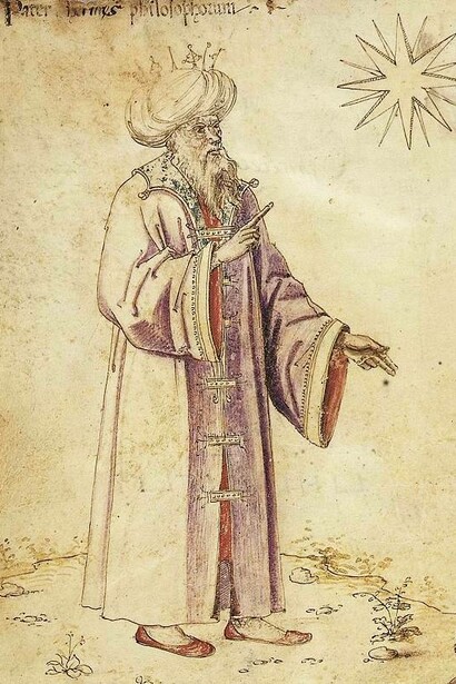 Ermete Trismegisto vestito all'araba con turbante e corona reale nel manoscritto alchemico Firenze, Biblioteca Medicea Laurenziana, Ashb. 1166