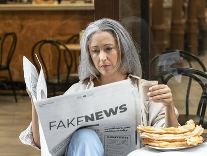 Mulher lê fake news. Como lembra Charaudeau (2022), “mentiras diferentes servem a funções sociais diferentes e demandam responsabilidades específicas” (p. 112). A mentira política objetiva o poder; a científica, o prestígio e a fraude; a publicitária, o consumo; a comercial, o lucro; a jornalística, a influência ideológica; e a religiosa, o dogma e o controle. Cada uma dessas formas de mentira atua por meio de mecanismos discursivos próprios, com efeitos diversos sobre os sujeitos
