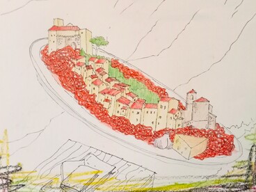 Montenero: "la pendiente lo inclina, los libros lo relatan" (la pendenza lo inclina, i libri lo raccontano). Disegno di Renato Vivaldi-Tesser