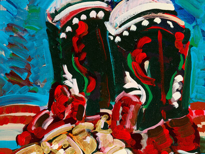 Frank Romero, Cowboy boots y pistola de oro (detail), 2025. Courtesy of Luis De Jesus Gallery