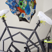 Mouvement vers une sémantique de Fils2pute (D’Après Adidas Lab)
(Movement towards Son of a Bitch semantics (From Adidas Lab)), 2015
Brushed metal, varnish, ball bearings, windscreen wipers, power supply 12V 20 AMP 6MM cables, turnbuckles, springs,
sneakers, 350x350x200 cm
