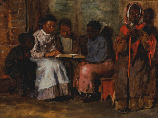 "Sunday morning in Virginia", by Winslow Homer, 1877. A family in a slave cabin with children being taught how to read from the Bible
