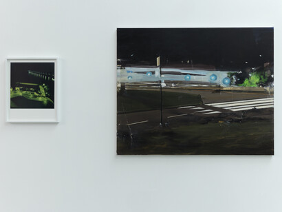 Various artists, Paintings and polaroids a chair, a clock, a shirt, a car, exhibition view. Courtesy of Annet Gelink Gallery