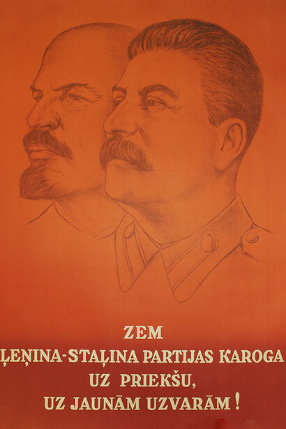 Poster soviético "¡Viva la bandera del partido de Lenin y Stalin, que nos conduce con júbilo a nuevas victorias!" (1950)