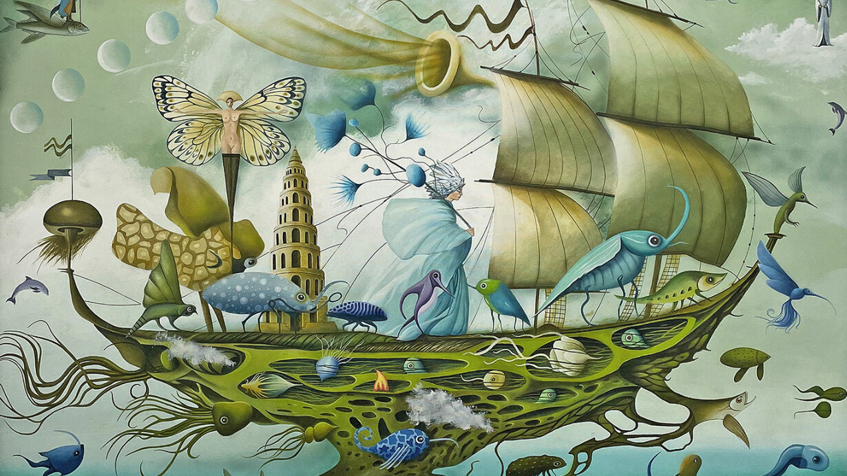 Maria Brzozowska, "Marzanna Farewell", acrílico y óleo. Poema etéreo que visualisa temas de memoria, mito y transformación 