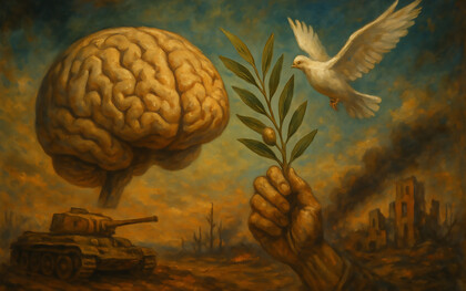 A fragile dove rises with an olive branch against the backdrop of war and ruin, symbolizing the struggle between destruction and the enduring hope for peace