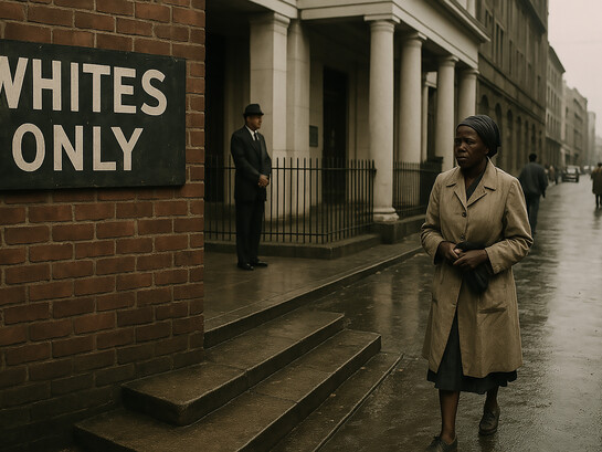 A Black woman walks solemnly past a "Whites Only" sign in apartheid-era South Africa, a stark reminder of the daily realities of racial segregation and systemic oppression
