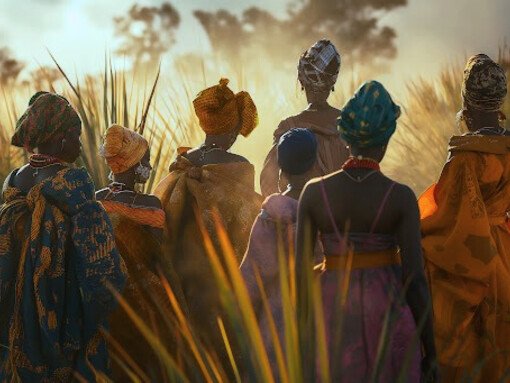 A group of women dressed in ethnic garb and walking through nature untouched by the modern developments