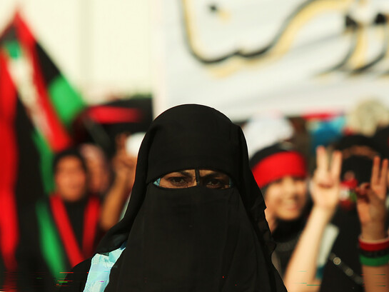 Libyan girl wearing a niqab during the demonstrations against the regime of Gaddafi in Bayda, Libya
