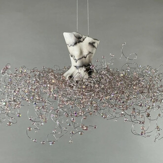 Estella Fransbergen, Horse hair finish clay torso w/ pink glass: suspended shorti (detail). Courtesy of Bonner David Gallery