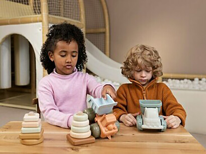 Children playing with gender-neutral eco-friendly toys indoors