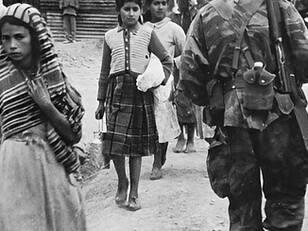 French patrol in Orleansville (Chlef) in 1957, little Algerian girls walking terrified barefoot