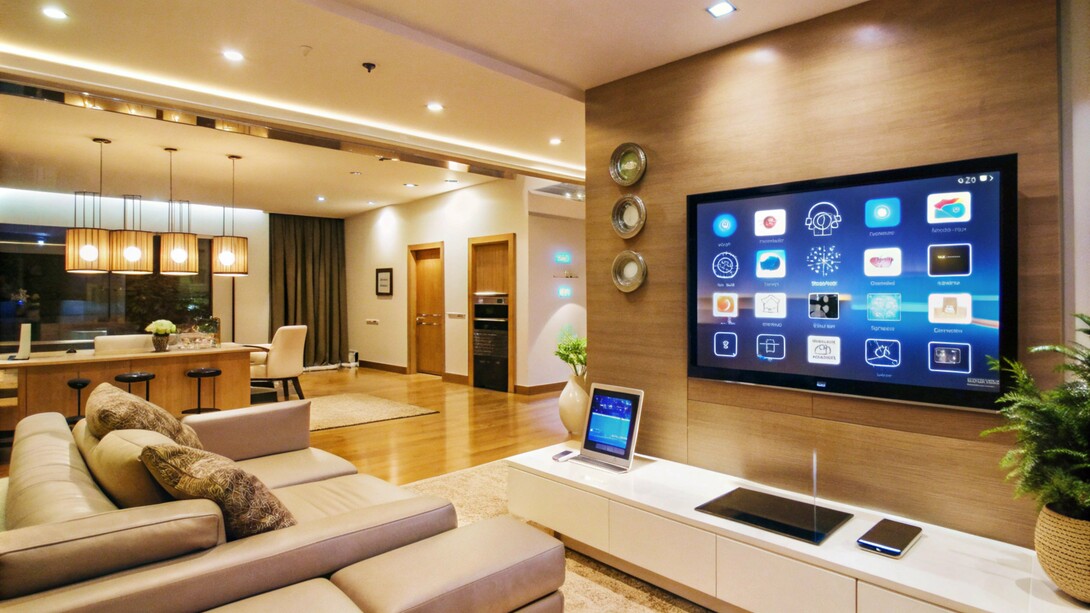 A high-tech living room where digital interfaces regulate lighting, entertainment, and climate, conveying the future of residential design