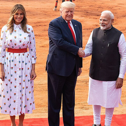 President Donald J. Trump shakes hands with Indian Prime Minister Narendra Modi during a welcome ceremony at Rashtrapati Bhavan, the Presidential Palace Tuesday, Feb. 25, 2020, in New Delhi, India. From left, Mrs. Savita Kovind, the wife of the Indian President Ram Nath Kovind, First Lady Melania Trump, and Indian President Ram Nath Kovind
