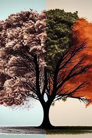 A tree illustrating the change of seasons, showcasing a spectrum of leaves in vibrant colors
