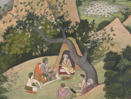 Illustrated folio from a dispersed Ramayana series, created in the late 18th century in Kangra, Himachal Pradesh, India. This delicate painting, now housed in The Metropolitan Museum of Art (accession number 1976.15), captures the serene moment when Rama, Sita, and Lakshmana visit the sage Bharadvaja’s forest hermitage. Rendered in the refined Pahari style, the scene reflects the grace, devotion, and lyrical naturalism characteristic of Kangra painting, with its lush landscape and gentle emotional expression