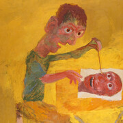 Ken Kiff, Man Painting, on Yellow, 1965, Oil on board, 91.5 x 112 cm. / 36 x 441/8 in.