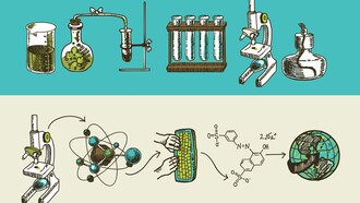 Illustrazione disegnata a mano che mostra attrezzature di laboratorio (come provette e microscopio) nella parte superiore, e un flusso di lavoro scientifico che include atomi, microscopi, una formula chimica e un globo nella parte inferiore