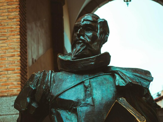 Miguel de Cervantes statue by sculptor Óscar Alvariño in Toledo, Spain