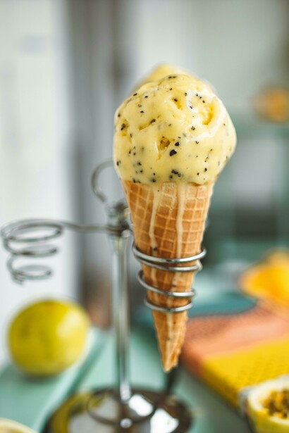 Close-up of ice cream cones with natural ingredients