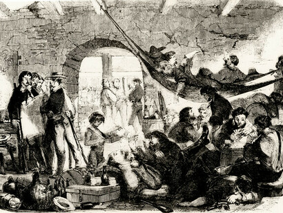 Filibusteros descansan en un templo de Granada. Ilustración de Frank Leslie᾽s Illustrated Newspaper