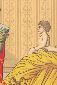 One woman stands holding a large can of food, as another woman and a child sit nearby